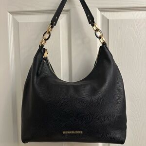 Michael Kors Black Leather Hobo Bag with Gold Accents